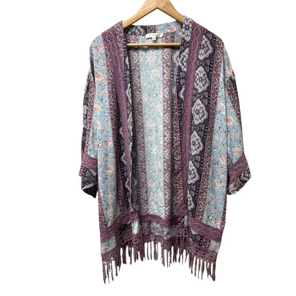 Andree by Unit Purple Lace Kimono M Paisley Fringe Boho Open Front Shawl Jacket‎ - Picture 1 of 10